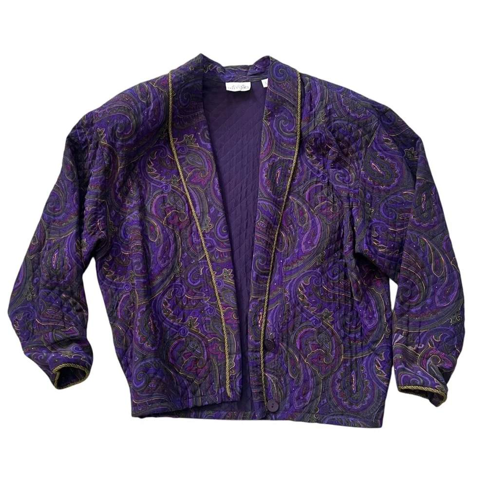 Vintage Ellen Tracy Silk Quilted Purple Paisley Jacket Blazer Sz Small